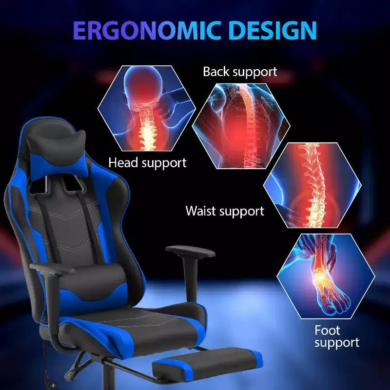 Chaise de jeu de course Fauteuils de jeu vidéo avec bureau d'ordinateur, cuir PU, appui-tête, soutien lombaire et siège pivotant à 360°