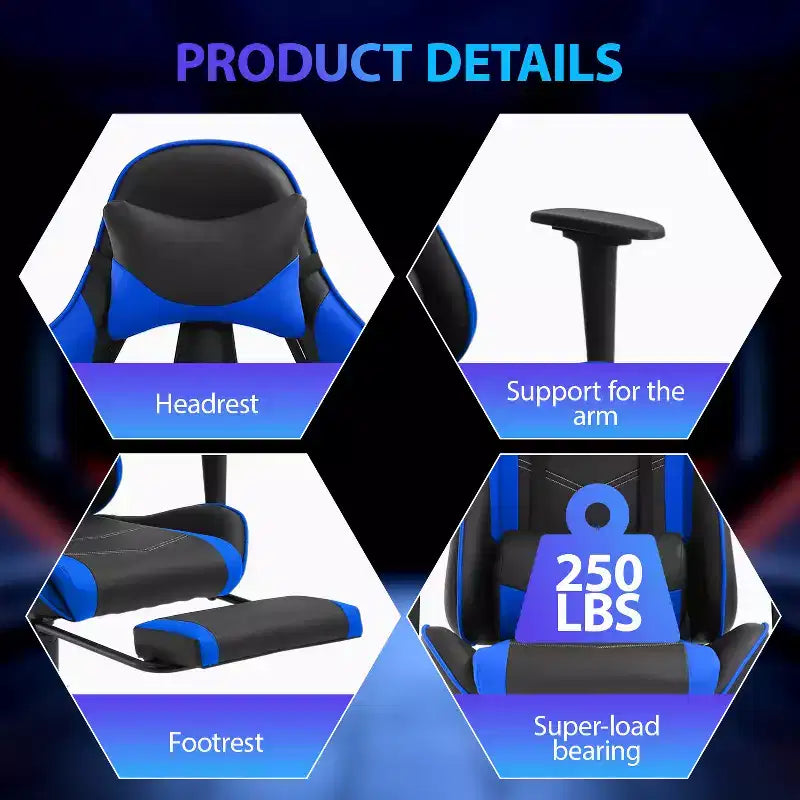 Chaise de jeu de course Fauteuils de jeu vidéo avec bureau d'ordinateur, cuir PU, appui-tête, soutien lombaire et siège pivotant à 360°