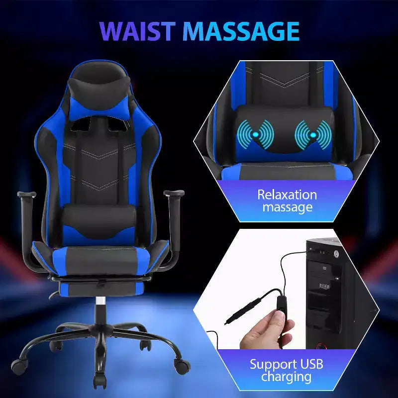 Chaise de jeu de course Fauteuils de jeu vidéo avec bureau d'ordinateur, cuir PU, appui-tête, soutien lombaire et siège pivotant à 360°