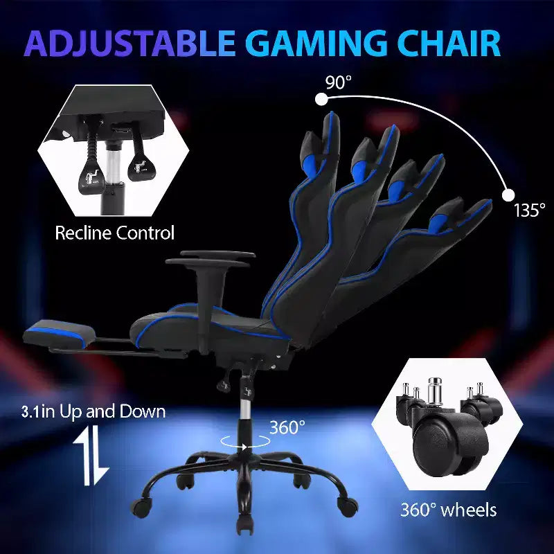 Chaise de jeu de course Fauteuils de jeu vidéo avec bureau d'ordinateur, cuir PU, appui-tête, soutien lombaire et siège pivotant à 360°