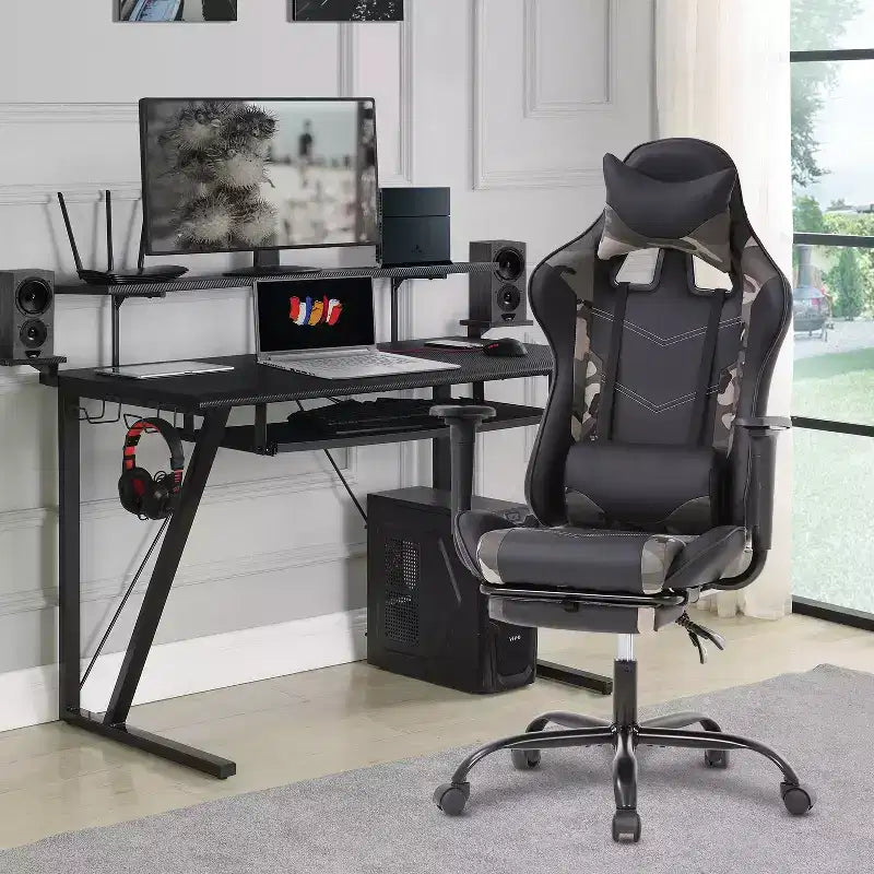 Chaise de jeu de course Fauteuils de jeu vidéo avec bureau d'ordinateur, cuir PU, appui-tête, soutien lombaire et siège pivotant à 360°