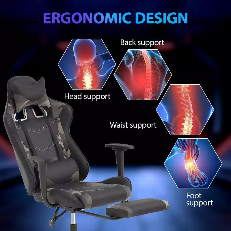 Chaise de jeu de course Fauteuils de jeu vidéo avec bureau d'ordinateur, cuir PU, appui-tête, soutien lombaire et siège pivotant à 360°