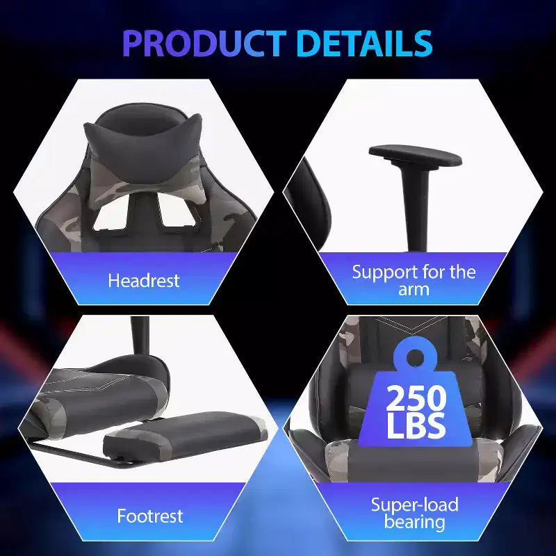 Chaise de jeu de course Fauteuils de jeu vidéo avec bureau d'ordinateur, cuir PU, appui-tête, soutien lombaire et siège pivotant à 360°