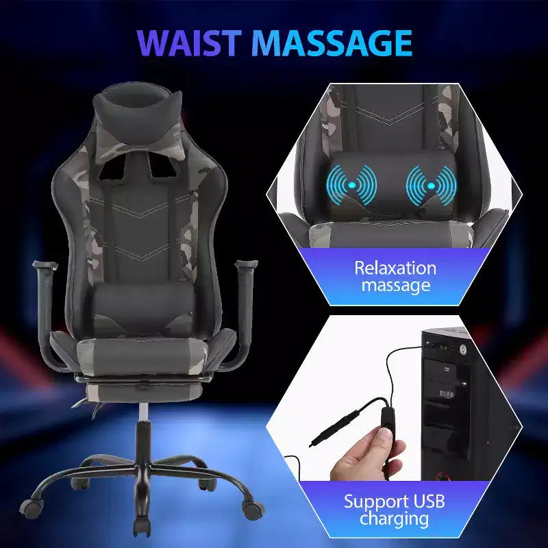 Chaise de jeu de course Fauteuils de jeu vidéo avec bureau d'ordinateur, cuir PU, appui-tête, soutien lombaire et siège pivotant à 360°