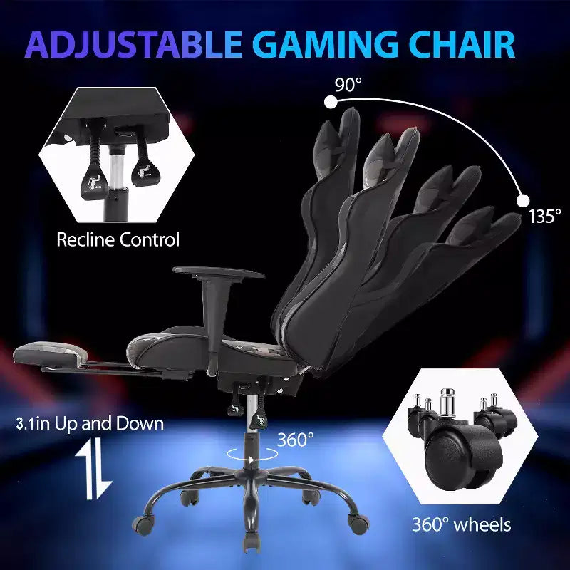 Chaise de jeu de course Fauteuils de jeu vidéo avec bureau d'ordinateur, cuir PU, appui-tête, soutien lombaire et siège pivotant à 360°
