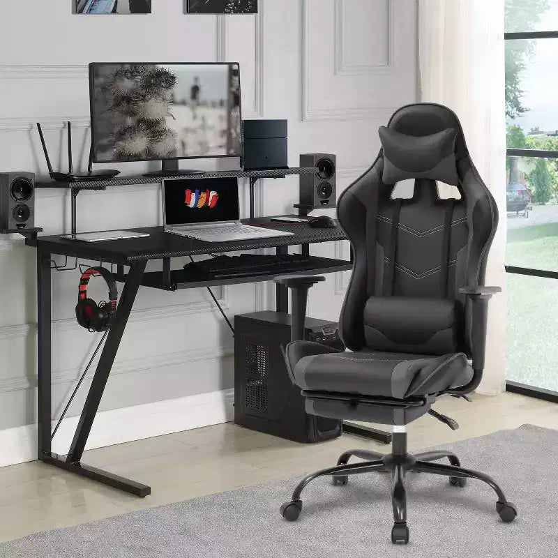 Chaise de jeu de course Fauteuils de jeu vidéo avec bureau d'ordinateur, cuir PU, appui-tête, soutien lombaire et siège pivotant à 360°