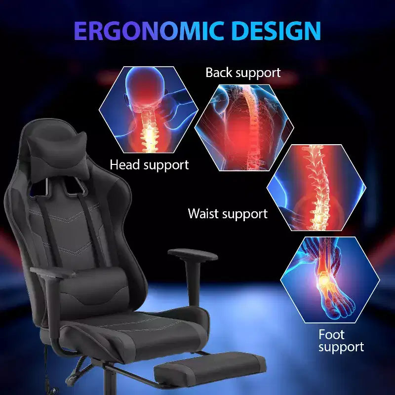 Chaise de jeu de course Fauteuils de jeu vidéo avec bureau d'ordinateur, cuir PU, appui-tête, soutien lombaire et siège pivotant à 360°