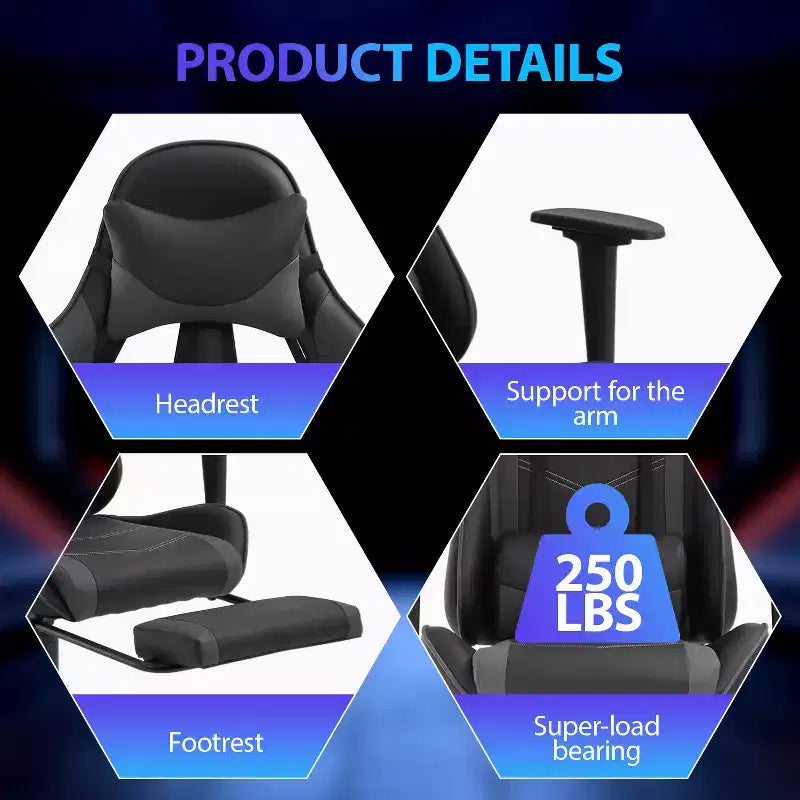 Chaise de jeu de course Fauteuils de jeu vidéo avec bureau d'ordinateur, cuir PU, appui-tête, soutien lombaire et siège pivotant à 360°