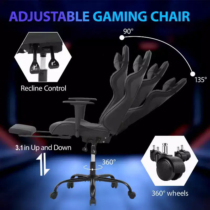 Chaise de jeu de course Fauteuils de jeu vidéo avec bureau d'ordinateur, cuir PU, appui-tête, soutien lombaire et siège pivotant à 360°