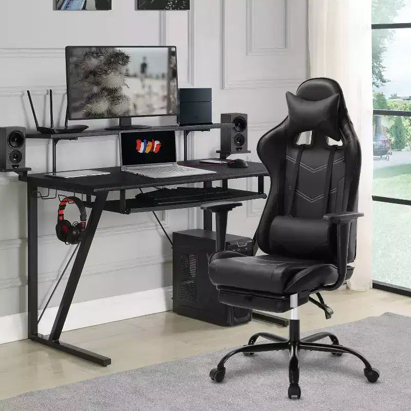Chaise de jeu de course Fauteuils de jeu vidéo avec bureau d'ordinateur, cuir PU, appui-tête, soutien lombaire et siège pivotant à 360°