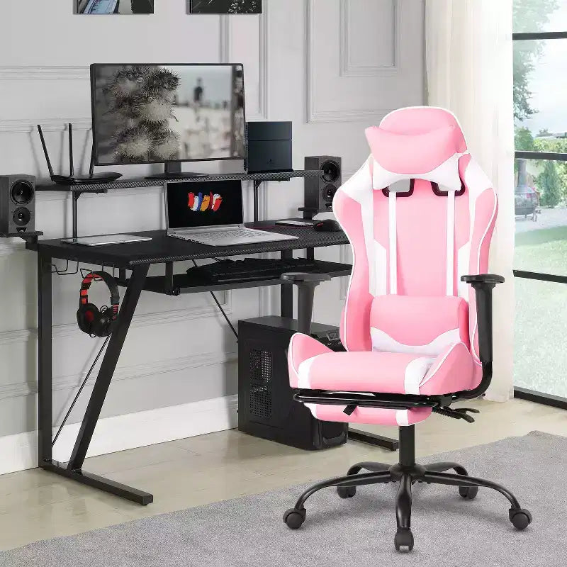 Chaise de jeu de course Fauteuils de jeu vidéo avec bureau d'ordinateur, cuir PU, appui-tête, soutien lombaire et siège pivotant à 360°