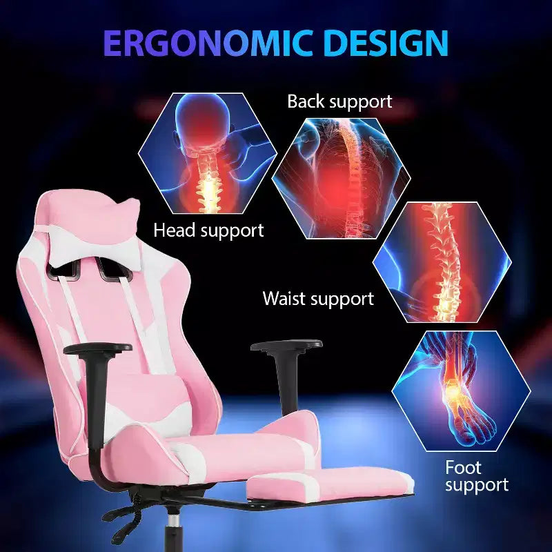 Chaise de jeu de course Fauteuils de jeu vidéo avec bureau d'ordinateur, cuir PU, appui-tête, soutien lombaire et siège pivotant à 360°