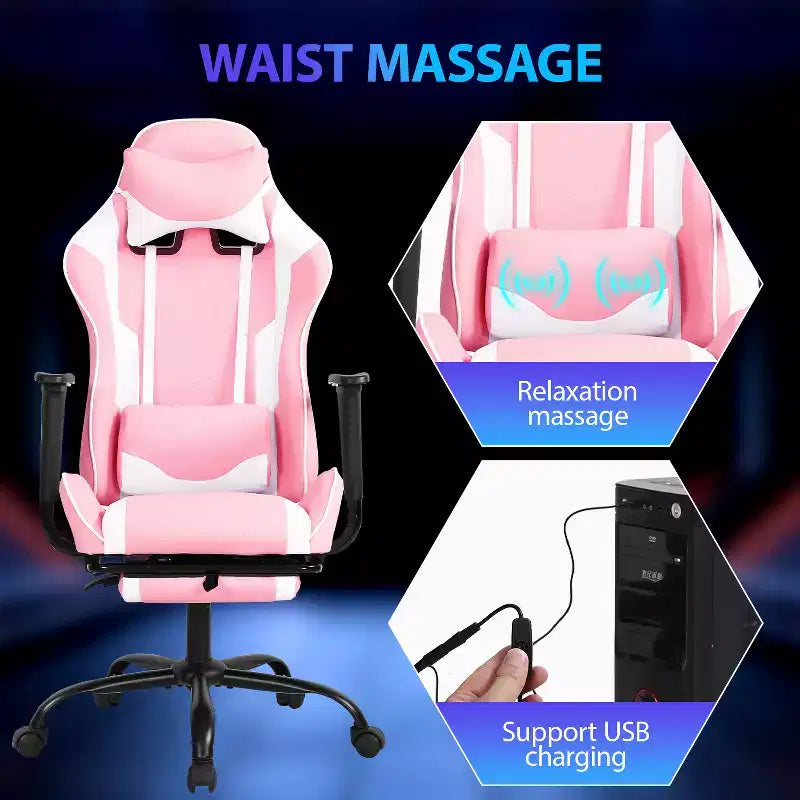 Chaise de jeu de course Fauteuils de jeu vidéo avec bureau d'ordinateur, cuir PU, appui-tête, soutien lombaire et siège pivotant à 360°