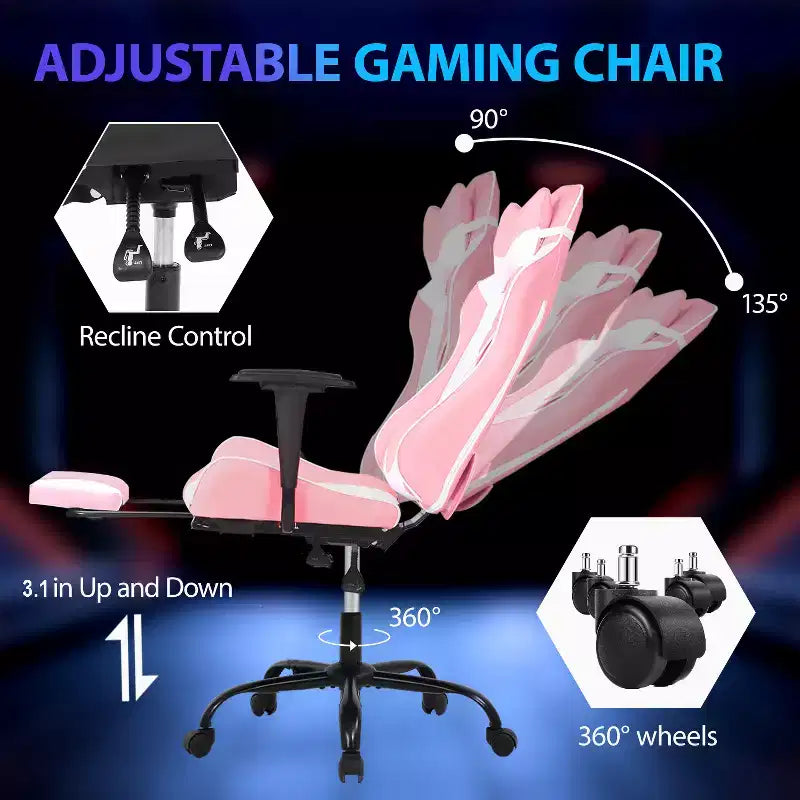 Chaise de jeu de course Fauteuils de jeu vidéo avec bureau d'ordinateur, cuir PU, appui-tête, soutien lombaire et siège pivotant à 360°