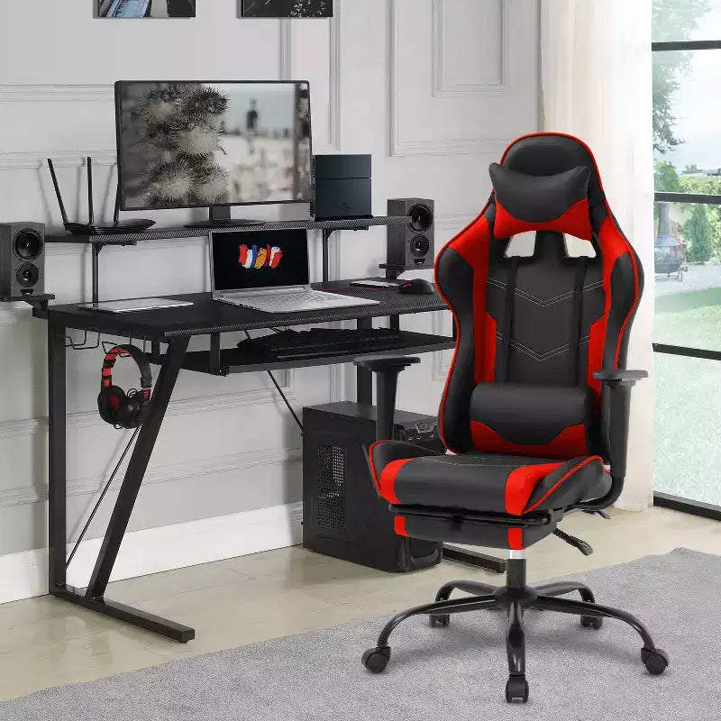 Chaise de jeu de course Fauteuils de jeu vidéo avec bureau d'ordinateur, cuir PU, appui-tête, soutien lombaire et siège pivotant à 360°