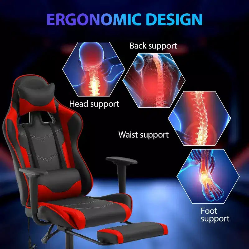 Chaise de jeu de course Fauteuils de jeu vidéo avec bureau d'ordinateur, cuir PU, appui-tête, soutien lombaire et siège pivotant à 360°