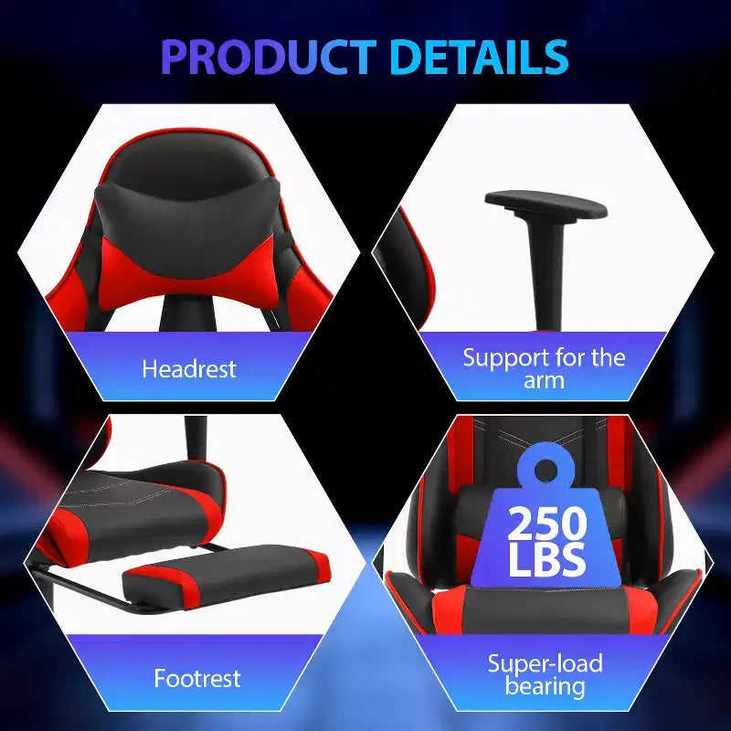 Chaise de jeu de course Fauteuils de jeu vidéo avec bureau d'ordinateur, cuir PU, appui-tête, soutien lombaire et siège pivotant à 360°