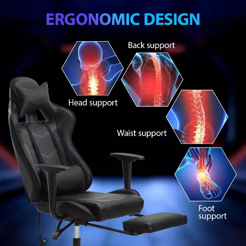 Chaise de jeu de course Fauteuils de jeu vidéo avec bureau d'ordinateur, cuir PU, appui-tête, soutien lombaire et siège pivotant à 360°