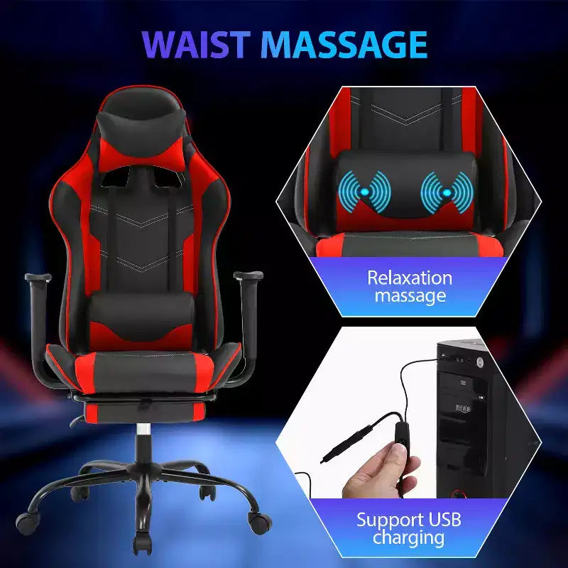 Chaise de jeu de course Fauteuils de jeu vidéo avec bureau d'ordinateur, cuir PU, appui-tête, soutien lombaire et siège pivotant à 360°
