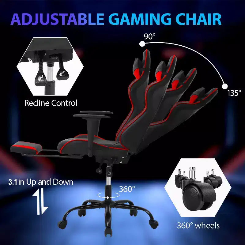 Chaise de jeu de course Fauteuils de jeu vidéo avec bureau d'ordinateur, cuir PU, appui-tête, soutien lombaire et siège pivotant à 360°