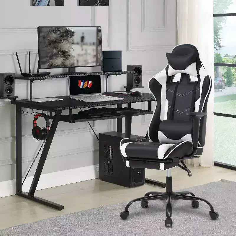 Chaise de jeu de course Fauteuils de jeu vidéo avec bureau d'ordinateur, cuir PU, appui-tête, soutien lombaire et siège pivotant à 360°