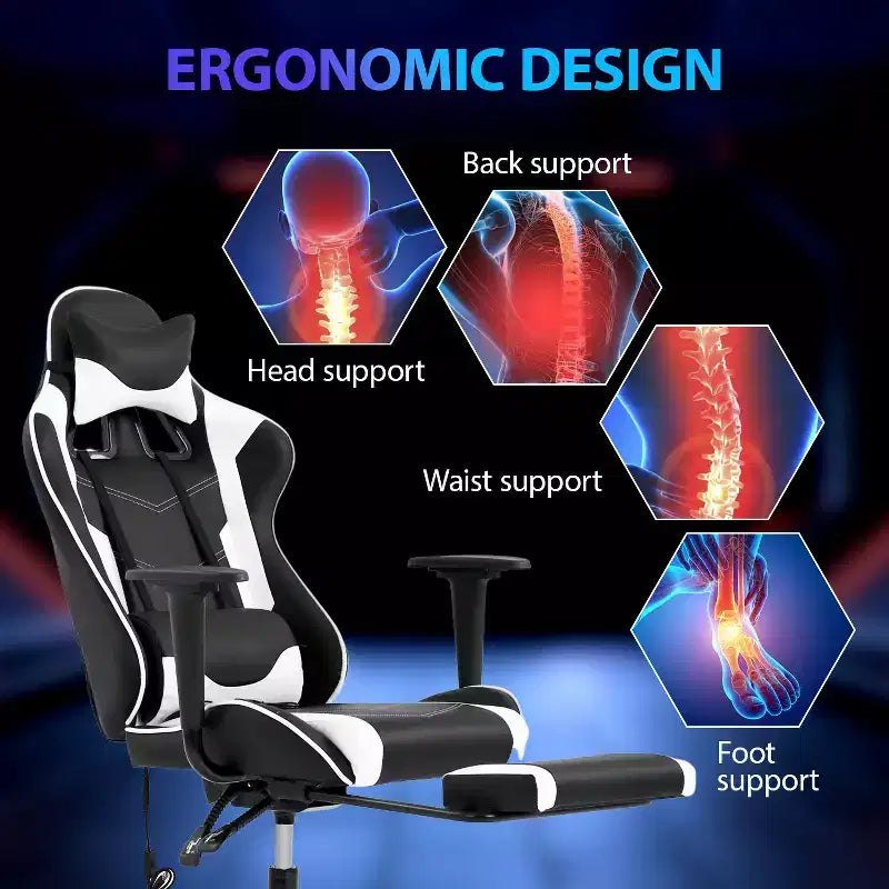 Chaise de jeu de course Fauteuils de jeu vidéo avec bureau d'ordinateur, cuir PU, appui-tête, soutien lombaire et siège pivotant à 360°
