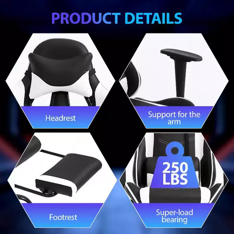Chaise de jeu de course Fauteuils de jeu vidéo avec bureau d'ordinateur, cuir PU, appui-tête, soutien lombaire et siège pivotant à 360°