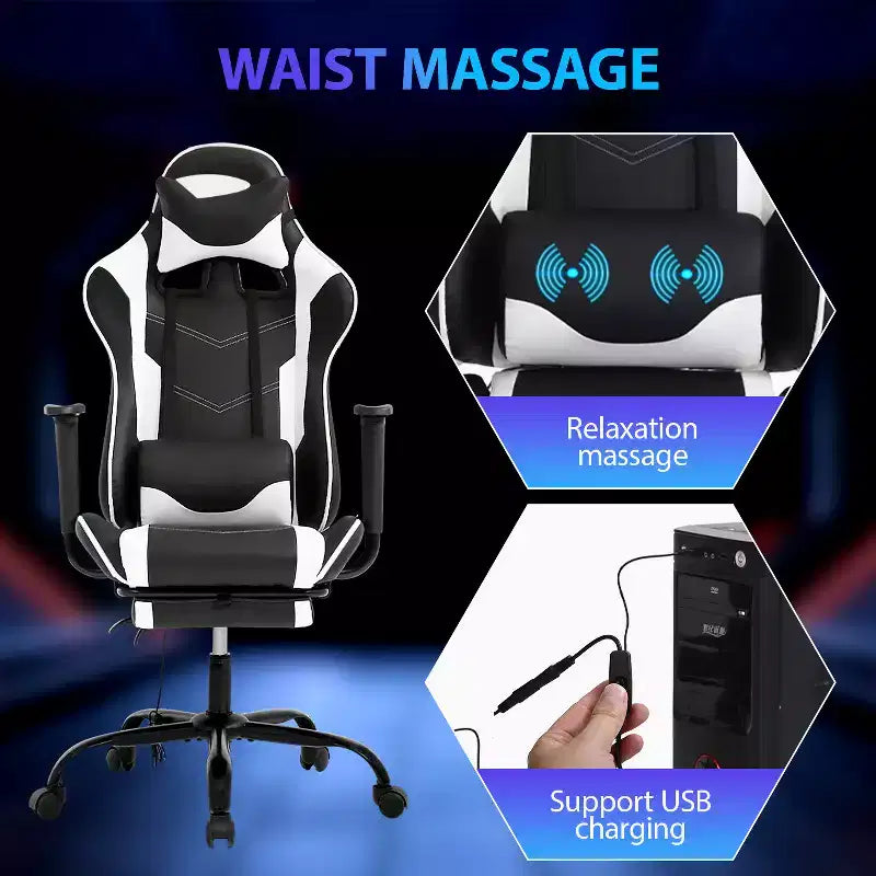 Chaise de jeu de course Fauteuils de jeu vidéo avec bureau d'ordinateur, cuir PU, appui-tête, soutien lombaire et siège pivotant à 360°