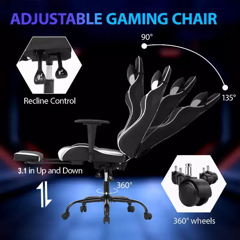 Chaise de jeu de course Fauteuils de jeu vidéo avec bureau d'ordinateur, cuir PU, appui-tête, soutien lombaire et siège pivotant à 360°