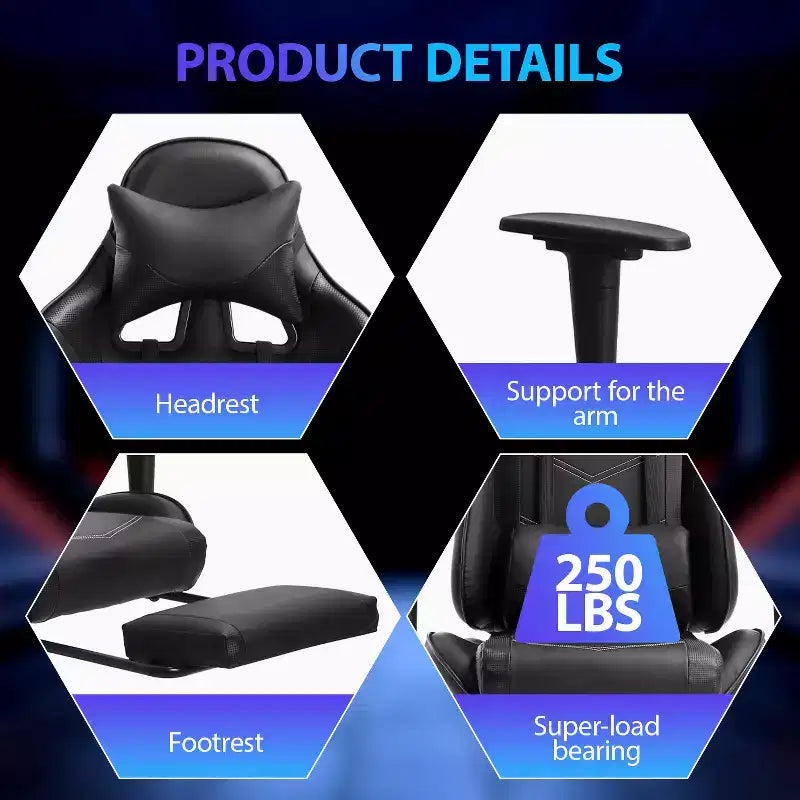 Racing Gaming Chair Video Game Chairs with Computer Desk PU Leather Headrest Lumbar Support & 360-Swivel Seat
