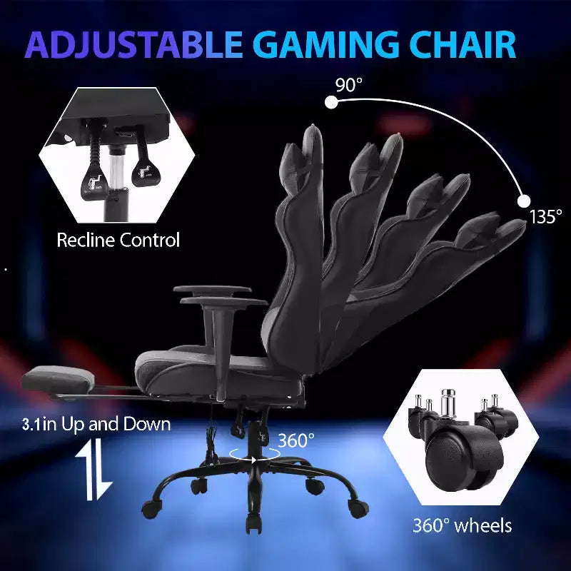 Chaise de jeu de course Fauteuils de jeu vidéo avec bureau d'ordinateur, cuir PU, appui-tête, soutien lombaire et siège pivotant à 360°