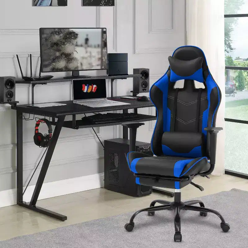 Chaise de jeu de course Fauteuils de jeu vidéo avec bureau d'ordinateur, cuir PU, appui-tête, soutien lombaire et siège pivotant à 360°
