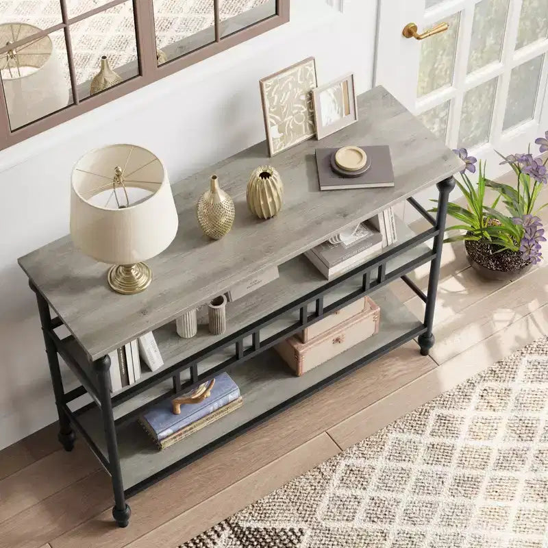 Console, table de canapé à 3 niveaux, table d'entrée étroite avec rangement, 43 pouces derrière le canapé, table de couloir industrielle, gris rustique