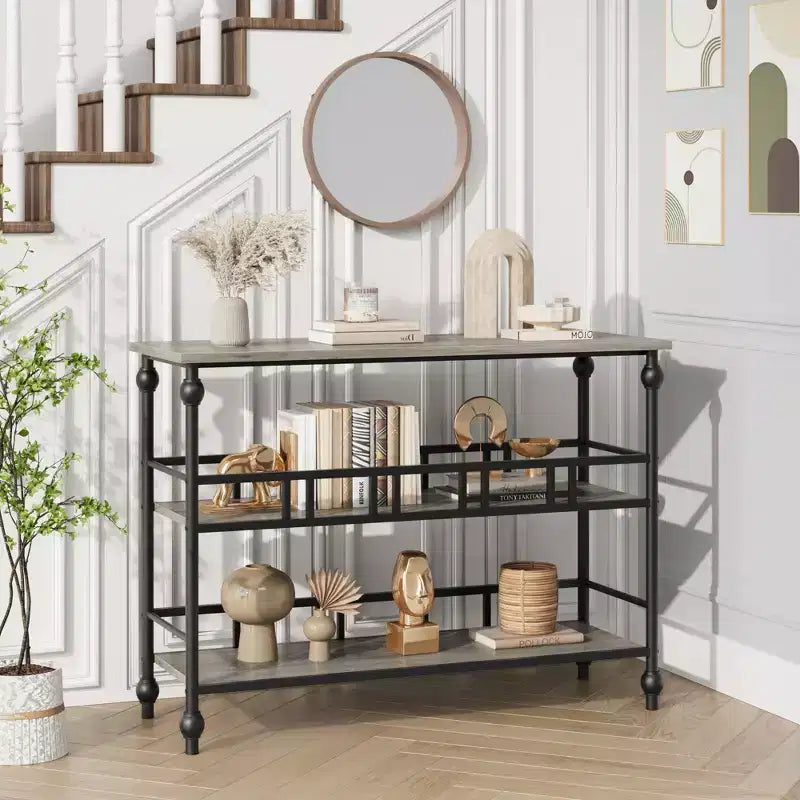 Console, table de canapé à 3 niveaux, table d'entrée étroite avec rangement, 43 pouces derrière le canapé, table de couloir industrielle, gris rustique