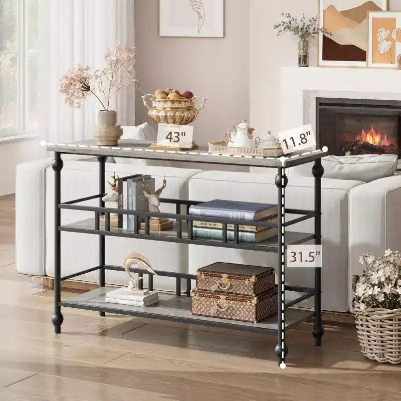 Console, table de canapé à 3 niveaux, table d'entrée étroite avec rangement, 43 pouces derrière le canapé, table de couloir industrielle, gris rustique
