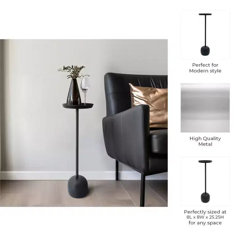 Sleek End Table, Side Table, or Small Table Stand for Home Decor - Metal Night Stand with Round Tray Top for Bedroom or Living Room Decor - 26 Black