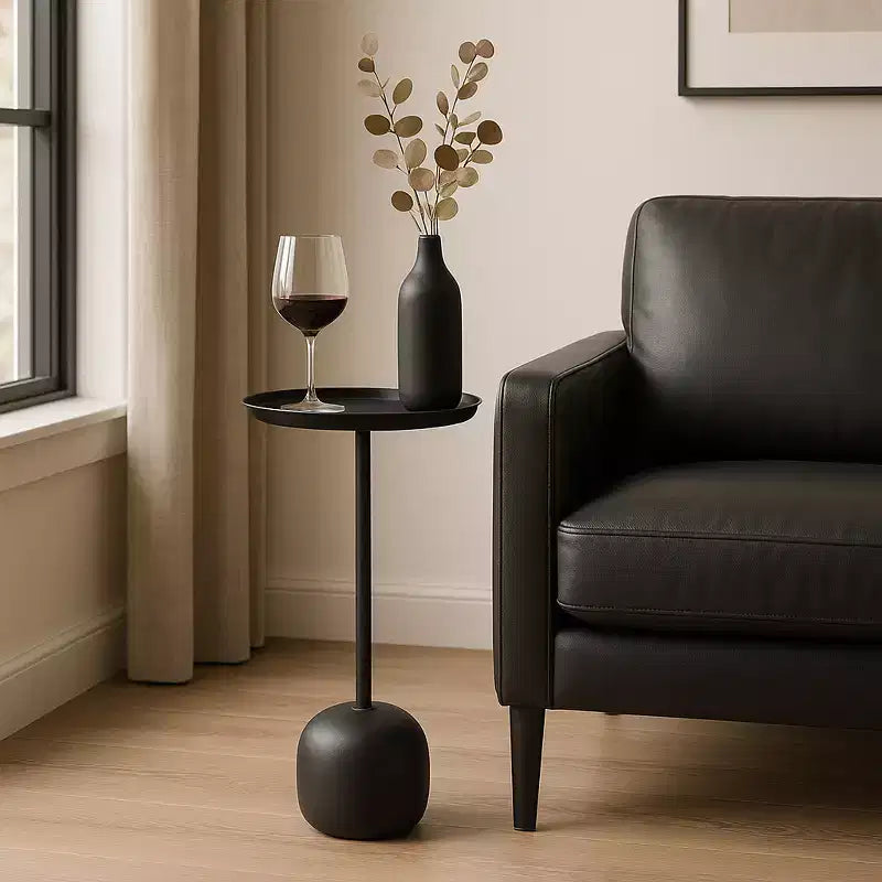 Table d'appoint élégante, table de chevet ou petit support de table pour la décoration intérieure - Table de nuit en métal avec plateau rond pour la décoration de chambre à coucher ou de salon - 26 noir