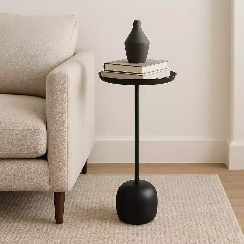 Table d'appoint élégante, table de chevet ou petit support de table pour la décoration intérieure - Table de nuit en métal avec plateau rond pour la décoration de chambre à coucher ou de salon - 26 noir