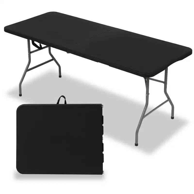 Folding Table 6 Foot Portable HDPE Plastic Indoor Outdoor Rectangular Table with Steel Legs Black
