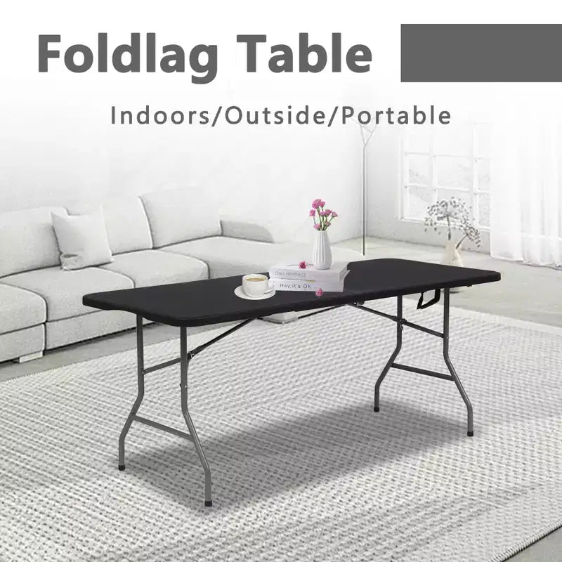 Folding Table 6 Foot Portable HDPE Plastic Indoor Outdoor Rectangular Table with Steel Legs Black