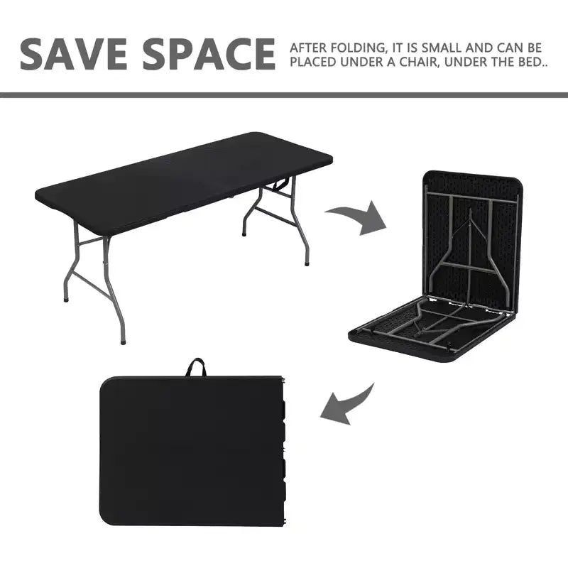 Folding Table 6 Foot Portable HDPE Plastic Indoor Outdoor Rectangular Table with Steel Legs Black