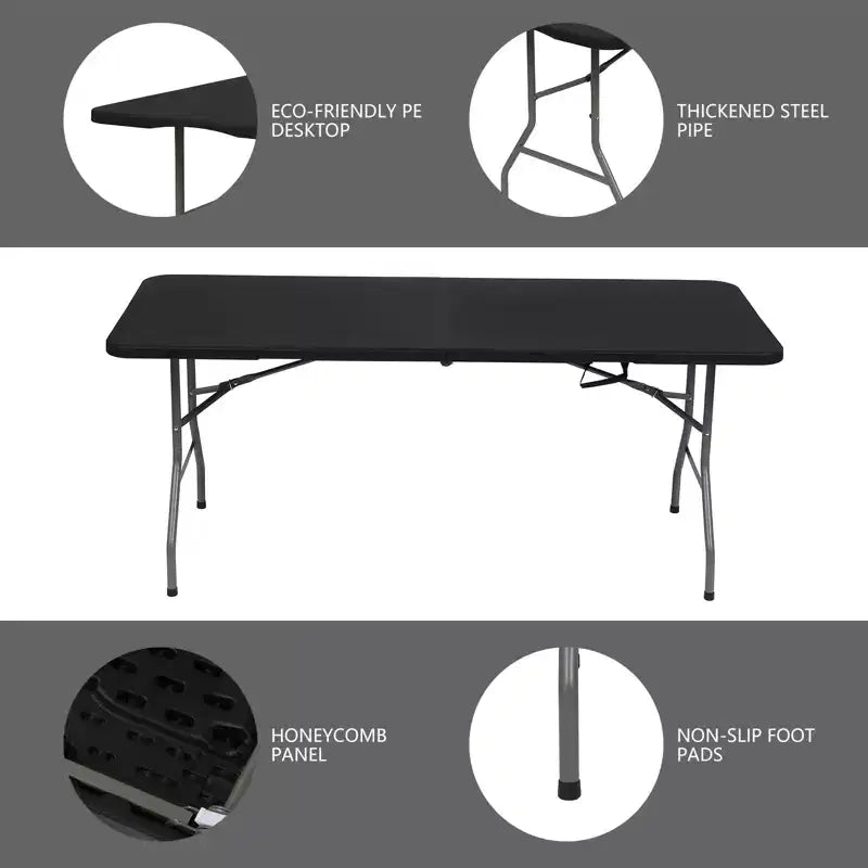 Table pliante rectangulaire noire de 1,80 m en plastique HDPE, pour intérieur et extérieur, avec pieds en acier
