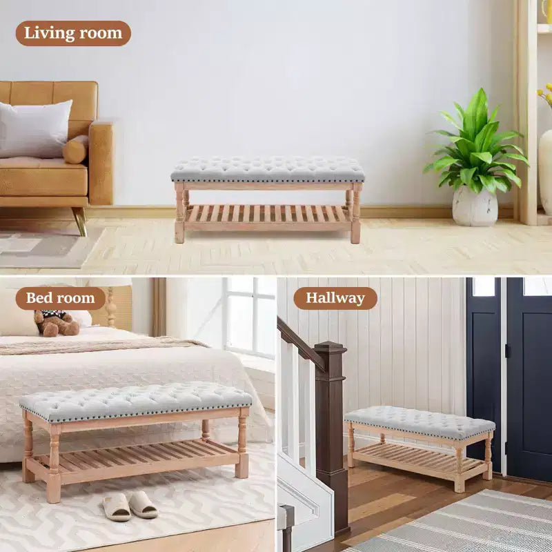 Banc de chevet confortable en velours côtelé surdimensionné en bois massif de 112,5 cm pour chambre à coucher, salon et chambre d'enfant
