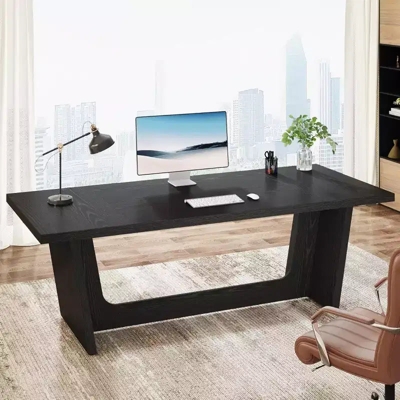 70.87-Inch Executive Computer Desk with Solid Wooden Pedestal