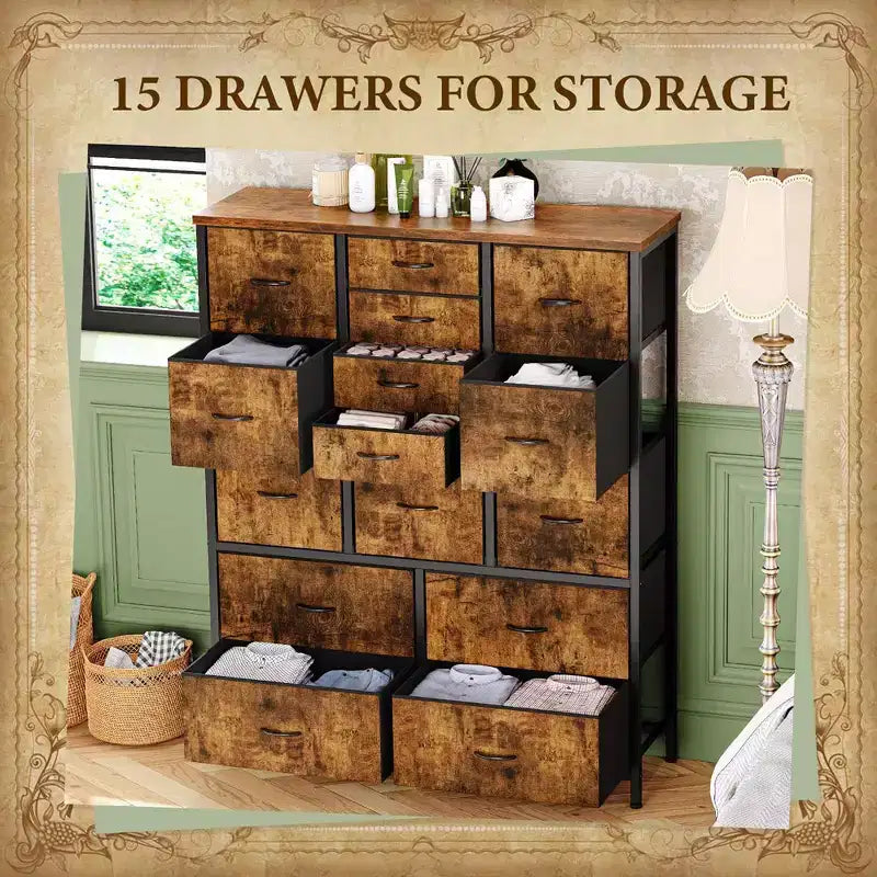 Dresser for Bedroom with 15 Drawers, Tall Dresser & Chests of Drawers, Fabric Storage Dresser