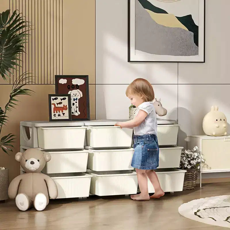 29.5 3-Tier Kids Toy Storage Organizer with 9 Removable Drawers, Child-Safe Design, Cream White