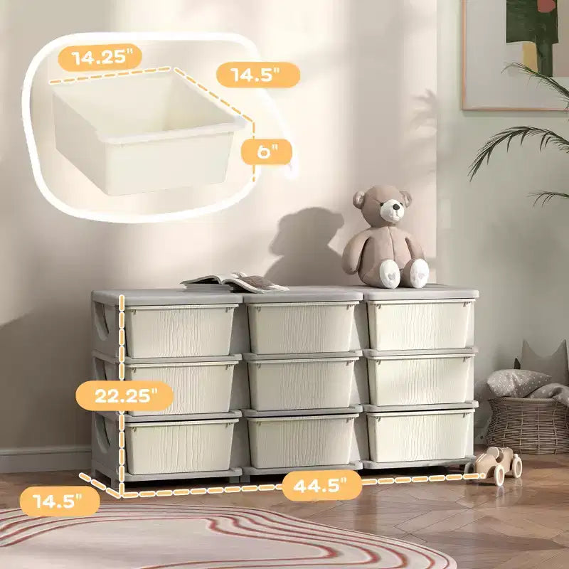 Organisateur de rangement pour jouets à 3 niveaux pour enfants de 75 cm avec 9 tiroirs amovibles, design sécurisé pour les enfants, blanc crème