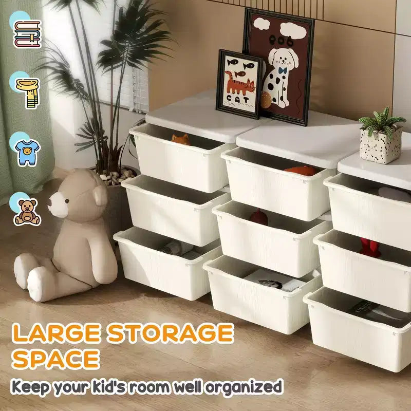29.5 3-Tier Kids Toy Storage Organizer with 9 Removable Drawers, Child-Safe Design, Cream White