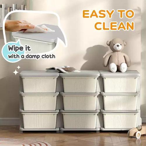 Organisateur de rangement pour jouets à 3 niveaux pour enfants de 75 cm avec 9 tiroirs amovibles, design sécurisé pour les enfants, blanc crème