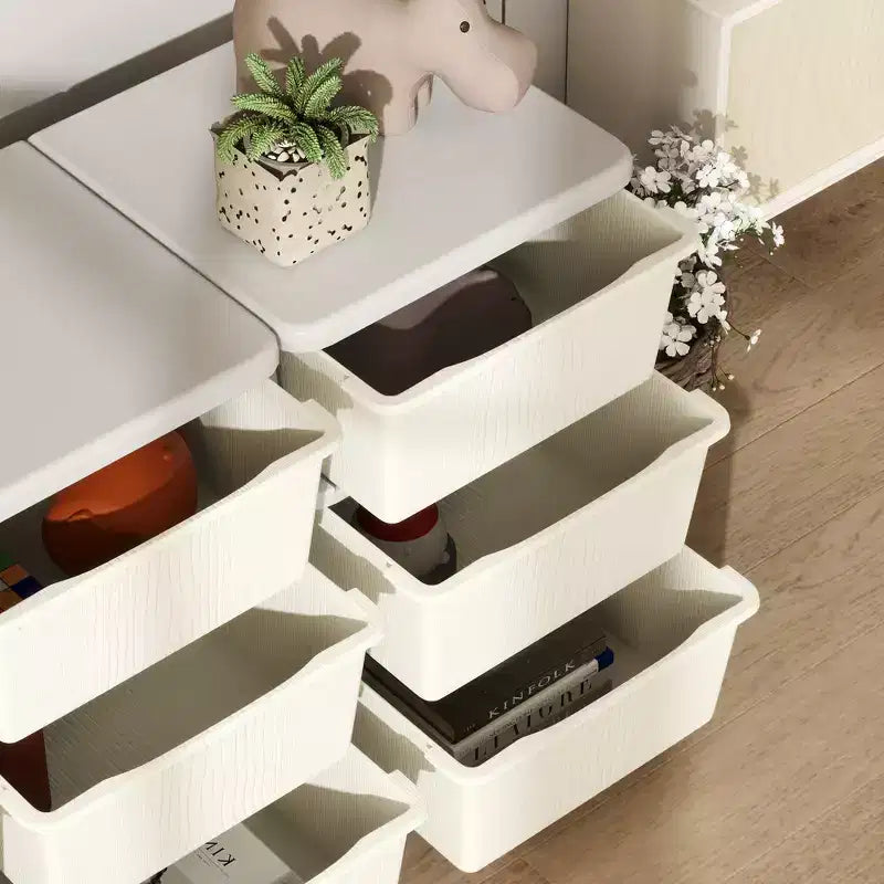 Organisateur de rangement pour jouets à 3 niveaux pour enfants de 75 cm avec 9 tiroirs amovibles, design sécurisé pour les enfants, blanc crème
